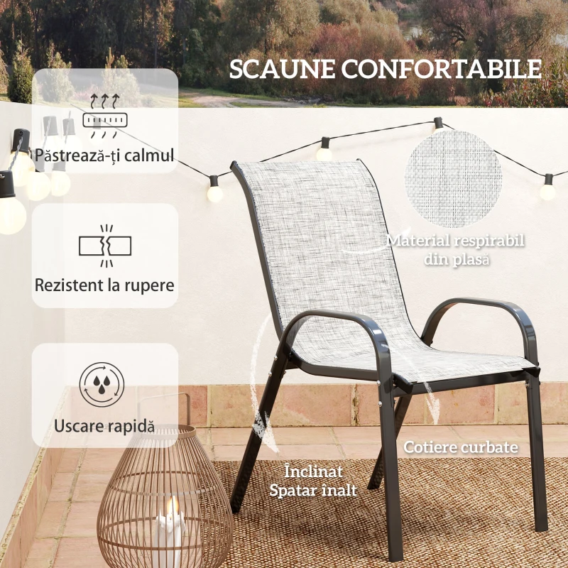 Outsunny Set Mobilier de Grădină din 3 Piese cu Scaune Suprapozabile și Masă din Sticlă, 54x71x93 cm, Gri Închis