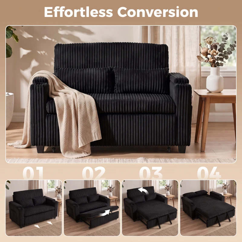 HOMCOM 2 Seater Sofa Bed, Pull Out Sleeper Sofa w/ Adjustable Backrest, Storage Armrests, Cup Holders, Side Pockets, Black