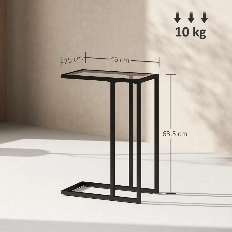 HOMCOM Table d'appoint en forme de C avec plateau en verre trempé, cadre en acier, noir