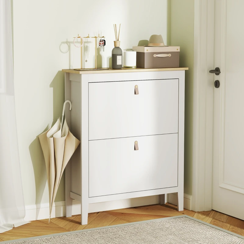 HOMCOM Zapatero Estrecho con 2 Compartimentos y Tiradores de Cuero PU para Pasillos y Recibidores 80x24x95,5 cm Blanco y Madera