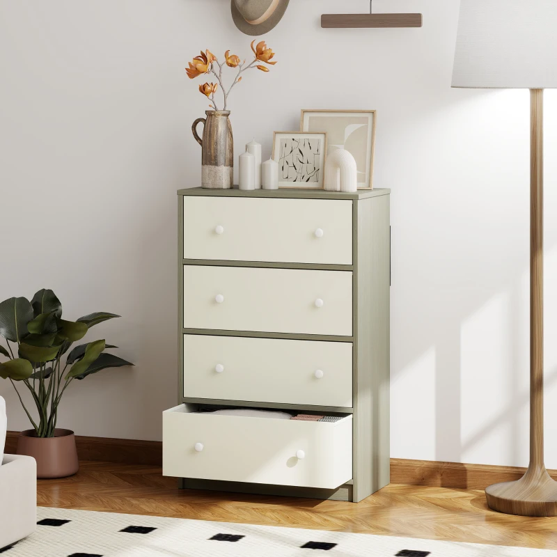 HOMCOM Cassettiera 4 Cassetti Pieghevoli con Maniglie Doppie, in Legno, Acciaio e Tessuto, 58x30x91 cm, Bianco e Grigio