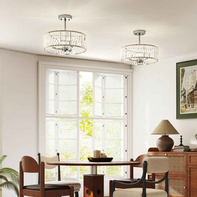 HOMCOM Crystal Ceiling Light Fixture Set of 2, Semi Flush Mount Modern Chandelier for Living Room, Bedroom and Hallway, 3-Lights with E14 Base, Silver Tone