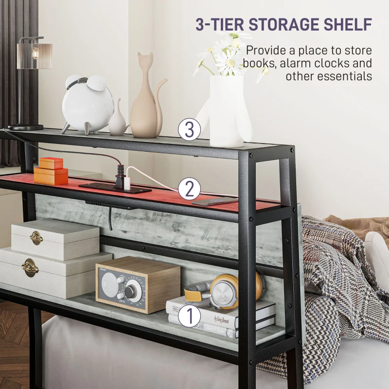 HOMCOM Single Steel Bed Frame, with LED Lights and Shelf - Grey