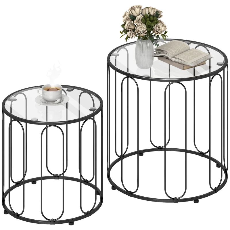 HOMCOM Conjunto de 2 Mesas Auxiliares Tipo Nido con Estructura de Metal y Encimera de Cristal Ø50x50 cm y Ø40x40 cm Negro