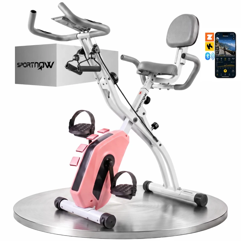 SPORTNOW 4-In-1 Folding Exercise Bike with Resistance Bands, Bluetooth App, 8-Level Magnetic Resistance, LCD Display, Pink