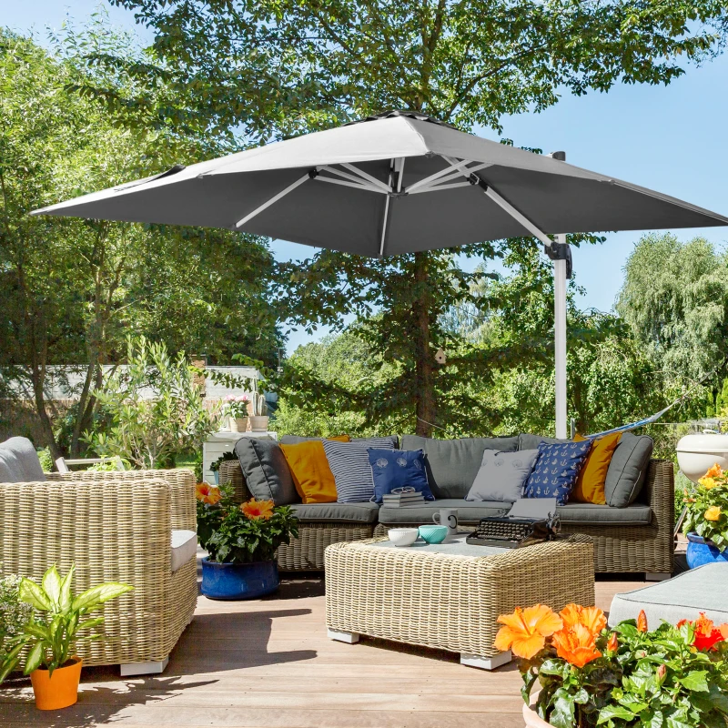 Outsunny 3 x 3(m) Cantilever Roma Parasol, Square Garden Umbrella with Cross Base, Crank Handle, Tilt, 360° Rotation and Aluminium Frame, Grey