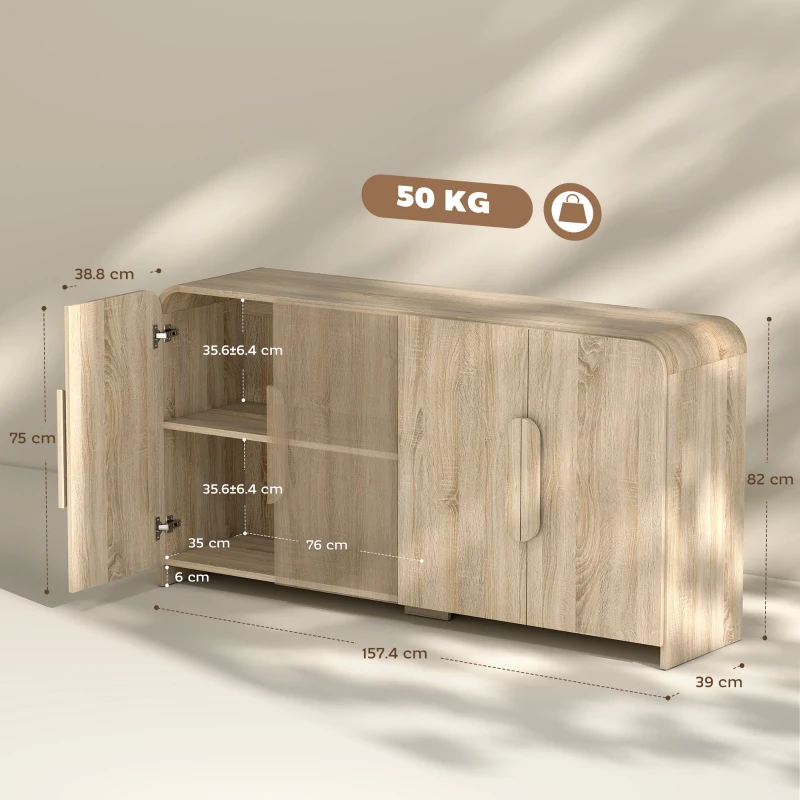 HOMCOM Comodă de Bucătărie cu 2 Dulapuri, Uși Soft-Close și Rafturi Reglabile, 157x39x82 cm, Lemn Natural