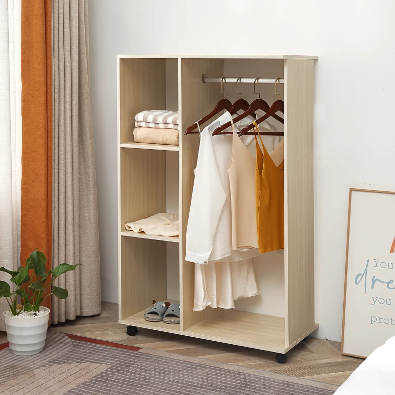 HOMCOM Open Wardrobe on Wheels, Bedroom Wardrobe with Clothes Hanging Rail, 3 Storage Shelves, Mobile Garment Rack for Cloakroom, Hallway, Maple Wood-Effect