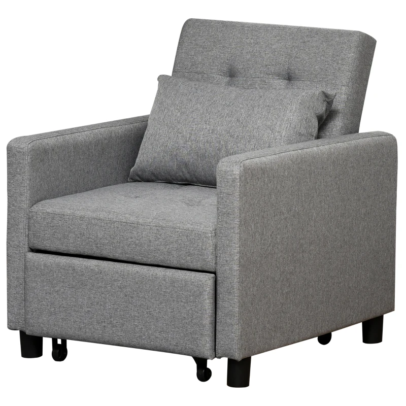HOMCOM Fauteuil chauffeuse canapé-lit convertible 1 place dossier inclinable à 3 positions avec accoudoirs coussins conforts gris