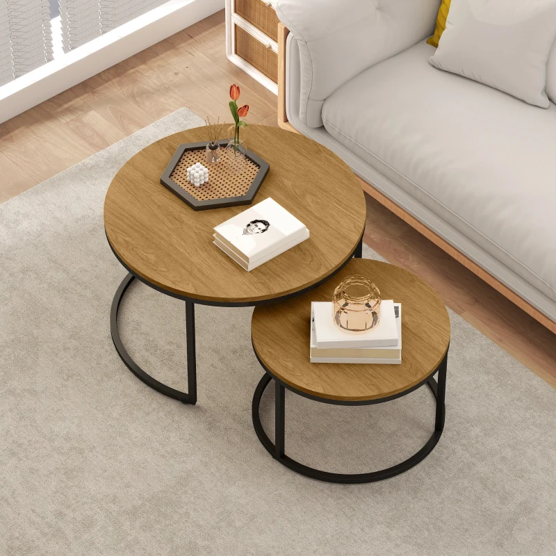 HOMCOM Lot de 2 tables basses gigognes empilable design industriel plateau imitation ciment pieds en métal marron