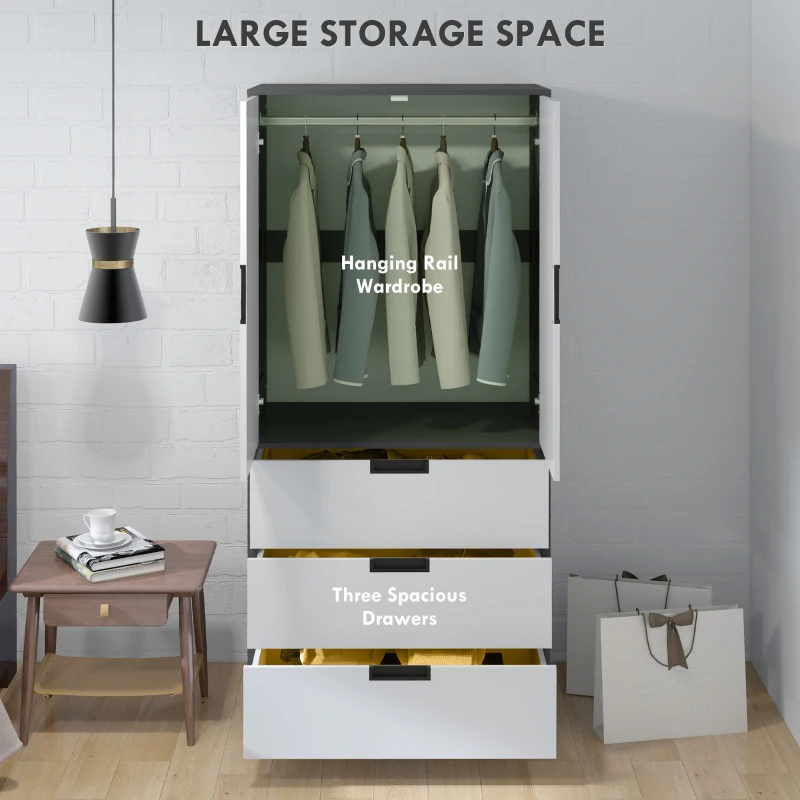 HOMCOM Modern Clothes Storage Cupboard Unit, 3 Drawer 2 Door Wardrobe with Hanging Rod, Grey