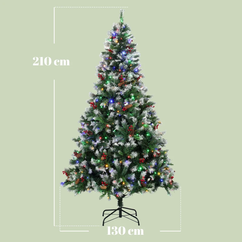 HOMCOM Árbol de Navidad Nevado 210 cm con 400 LED 11 Modos Mando a Distancia 1253 Puntas 44 Piñas y 44 Bayas Verde