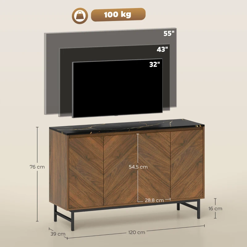 HOMCOM Meuble TV, meuble télé avec 4 portes, plateau effet marbre, étagères réglables, 120x39x76cm, noyer