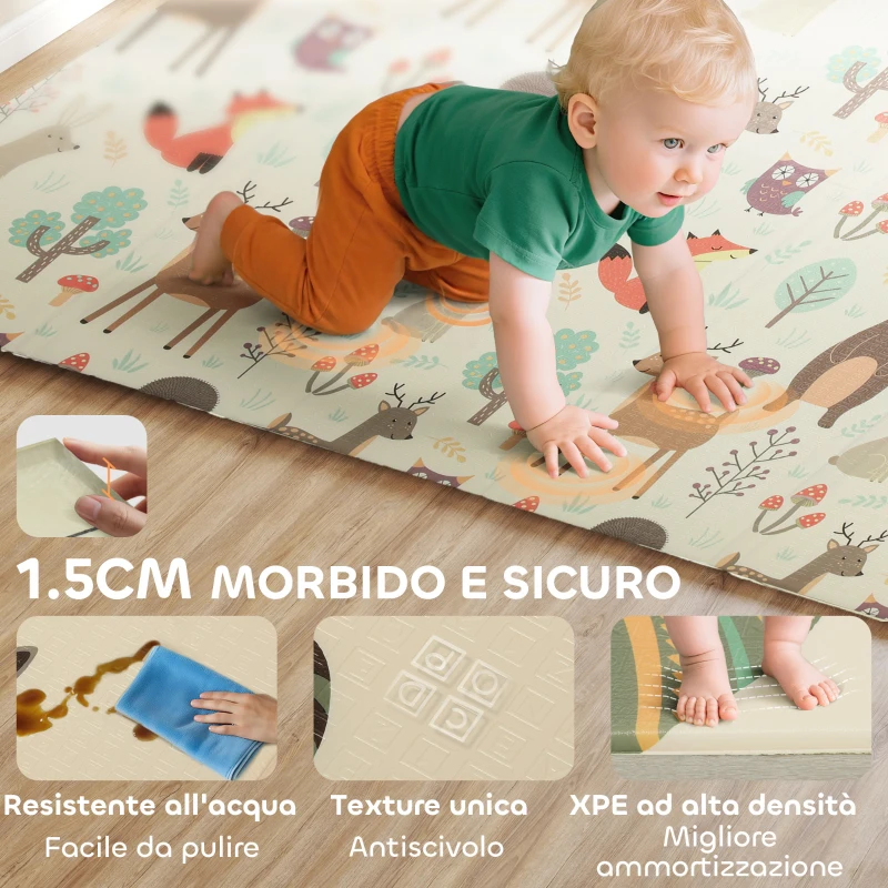 AIYAPLAY Tappeto per Bambini 0-6 Anni a Tema Foresta con Superficie Impermeabile in XPE Multicolore, 196x176x1.5 cm
