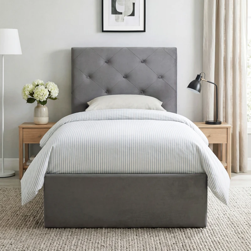 HOMCOM Single Bed Frame Gas End Lift Under Bed Storage Upholstered Platform Bed Tufted Headboard for 90 x 190 cm Mattress
