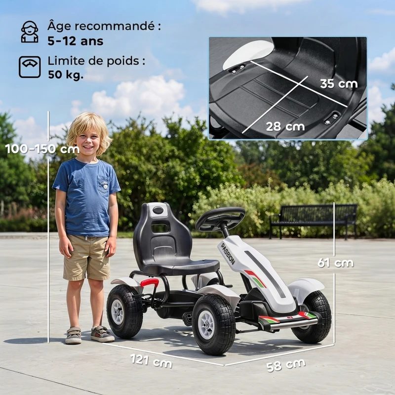 HOMCOM Kart à pédales pour enfant siège réglable 3 positions frein à main enfant de 5 à 12 ans blanc noir(m-3)