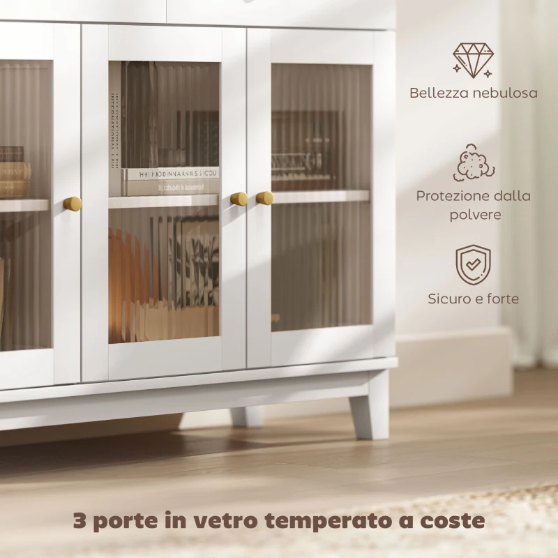 HOMCOM Credenza Cucina con 2 Cassetti e 2 Armadietti con Ante in Vetro, in Legno, 100x35x80.3 cm, Bianco e Rovere