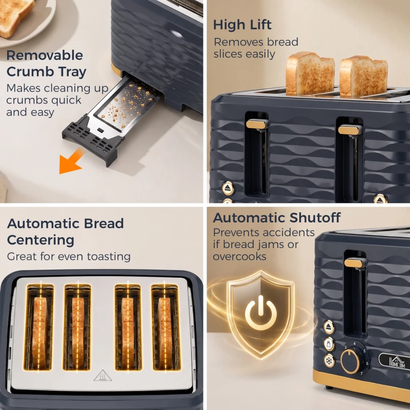 HOMCOM Toaster, Toaster 4 Slice with 7 Browning Levels, High Lift, Reheat/Defrost/Cancel, Dark Blue