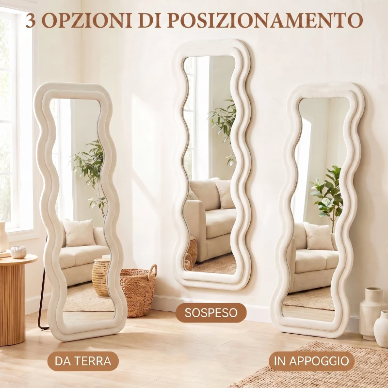 HOMCOM Specchio da Terra con Cornice Ondulata in Velluto e Vetro Temperato, 160x60 cm, Crema