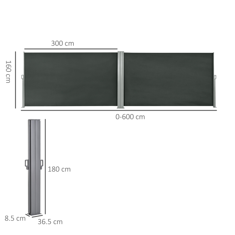 Outsunny Separator de Grădină Reglabil Anti-UV cu Mâner, din Metal și Poliester 180 g/m², 600x180 cm, Gri