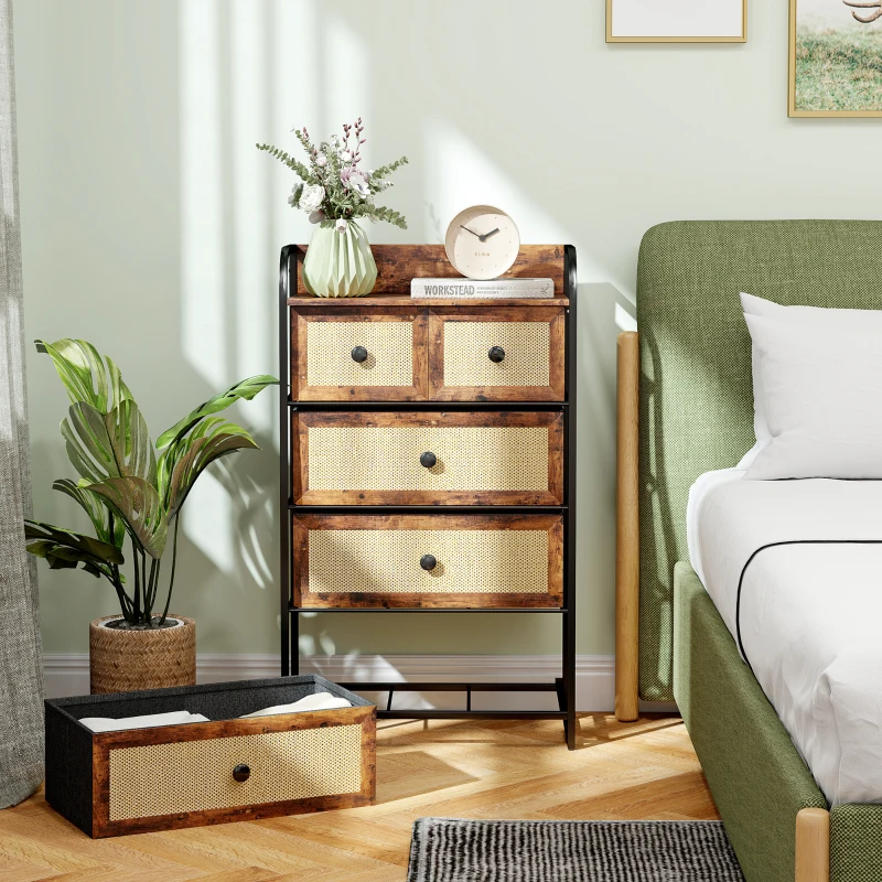 HOMCOM Cómoda para Dormitorio con 5 Cajones con Frentes de Ratán y Marco de Acero 58x29x99 cm Marrón Rústico