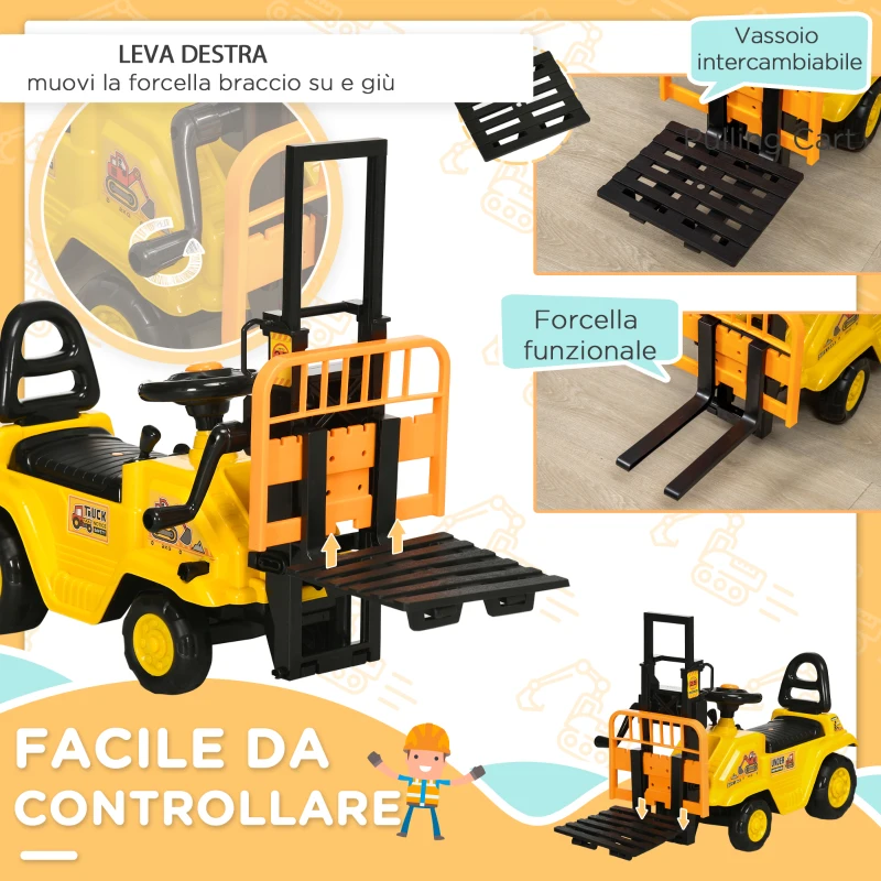 HOMCOM Trattore a Pedali per Bambini 3-4 Anni con Muletto e Spazio Portaoggetti, 86x27.5x47.5 cm, Giallo e Nero