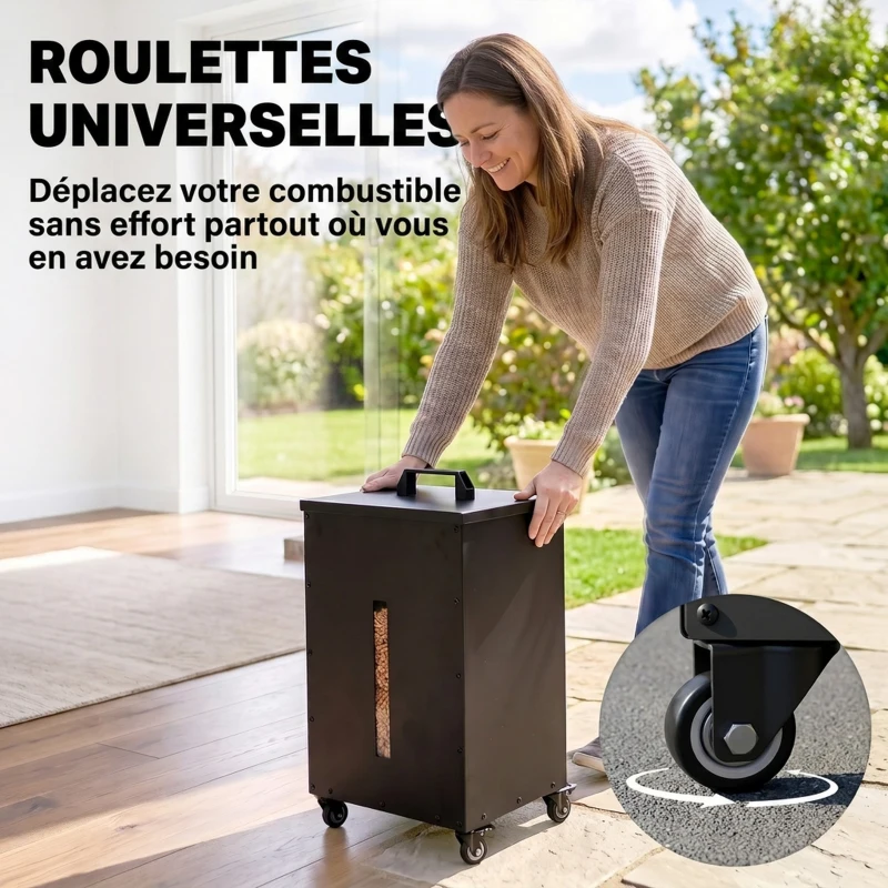 Outsunny Réservoir à Pellets Granulés en Acier 30 kg, Roulettes, Fenêtre de Niveau, Tamis avec Poignée, 36,5x36,5x61,5cm, Noir
