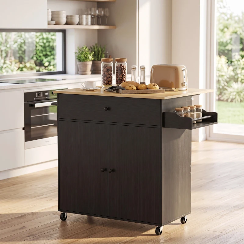 HOMCOM Kitchen Island with Drop Leaf, Rolling Kitchen Storage Trolley on Wheels with Drawer, Spice Rack and Towel Rack, Black