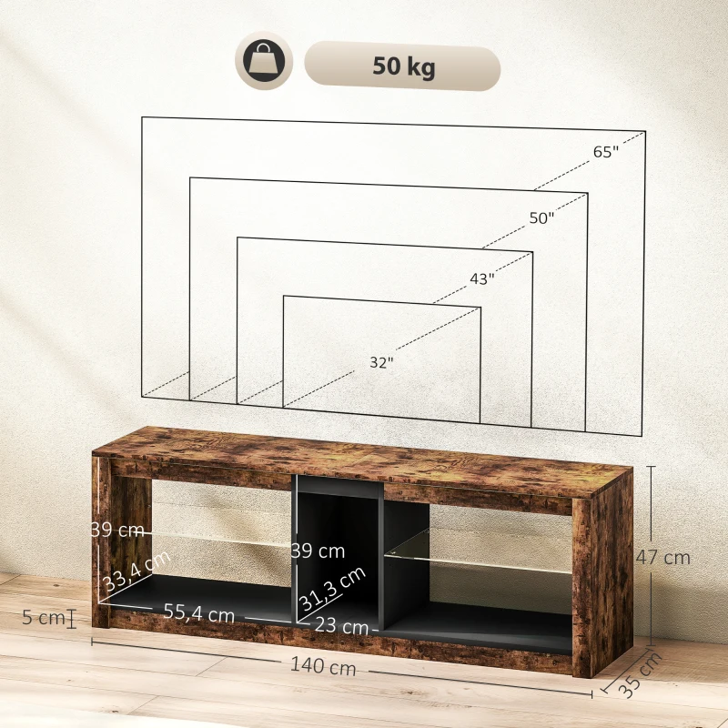 HOMCOM Meuble TV avec lumières LED et télécommande, étagères et compartiments ouvert, 140x35x47cm, marron