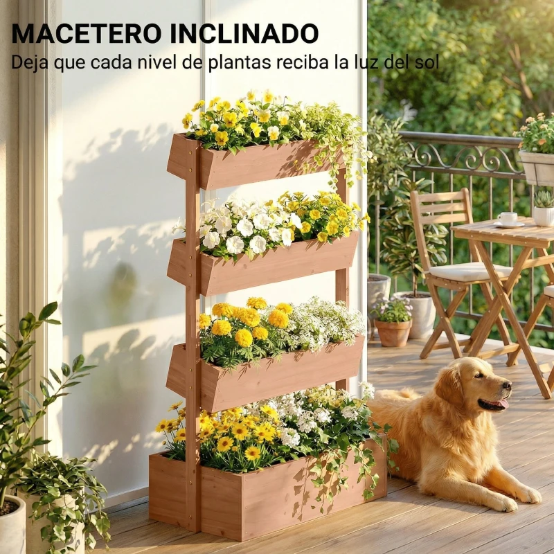 Outsunny Jardinera de Madera de 4 Niveles Jardinera Elevada Exterior con Orificios de Drenaje Tela no Tejida Marrón