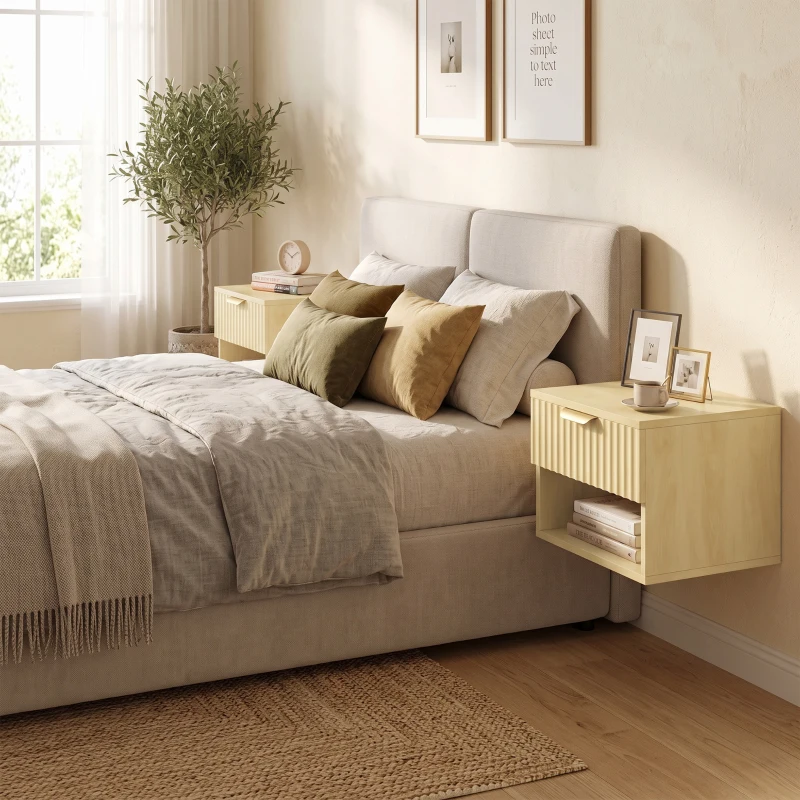 HOMCOM Floating Nightstands Set of 2, Modern Wall-Mounted Bedside Tables with Fluted Drawer and Open Shelf for Bedroom, Oak