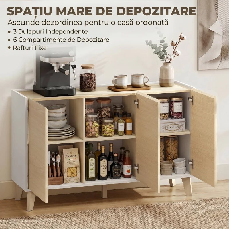 HOMCOM Bufet cu Uși Soft-Close 120 cm, Lemn și Alb