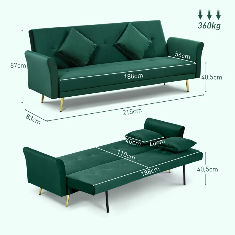 HOMCOM Divano Letto Clic Clac con Schienale Regolabile e 2 Cuscini, in Tessuto Effetto Velluto, 215x83x87 cm, Verde