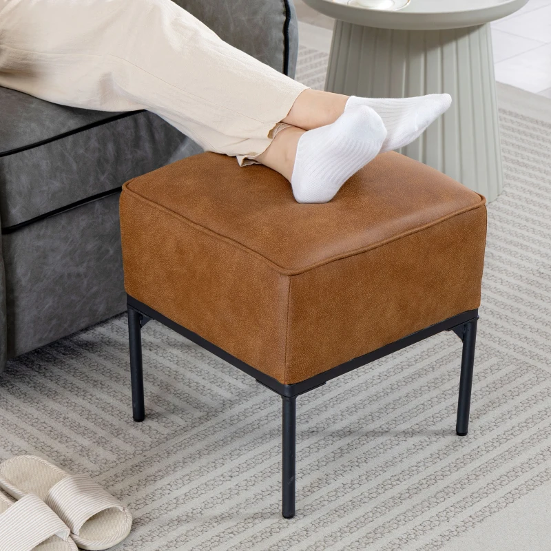 HOMCOM Reposapiés Salón Taburete Bajo Tapizado en PU con Patas de Acero Acolchado Grueso Otomana para Sofá Marrón