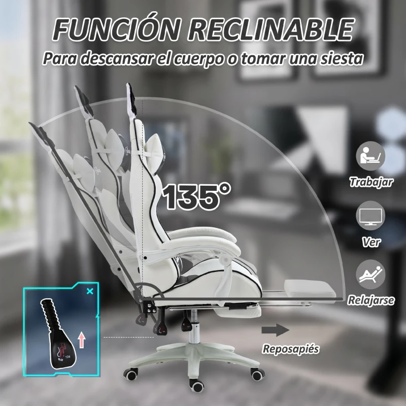 Vinsetto Silla Gaming Profesional de Cuero PU con Altura Ajustable Inclinable 135° Reposacabezas 65x63x136-142 cm Negro y Blanco