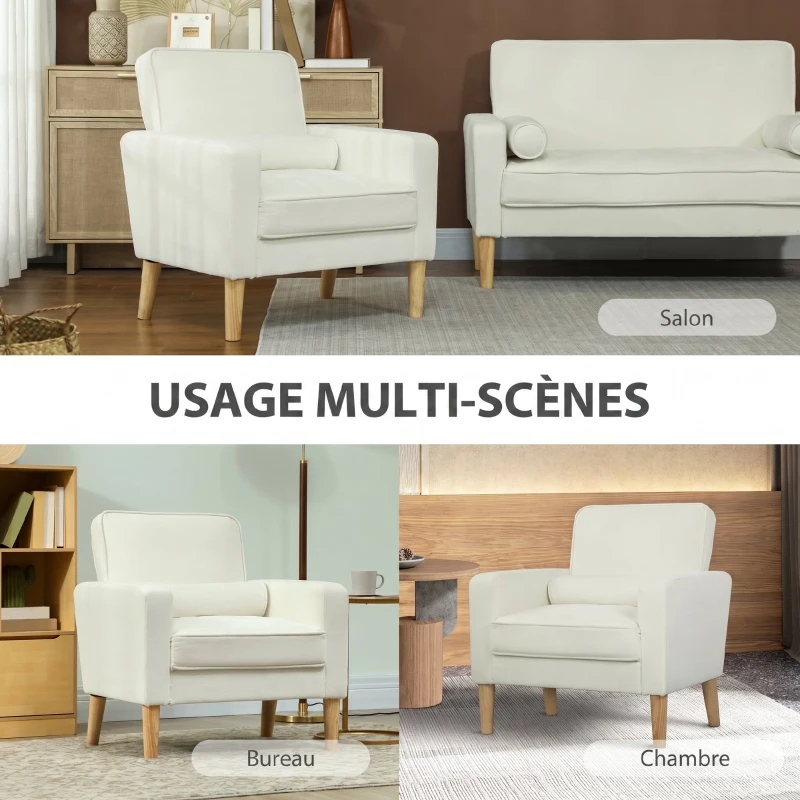 HOMCOM Fauteuil de salon en velours, canapé 1 place rembourré avec assise large, pour chambre, salon, petit espace, crème