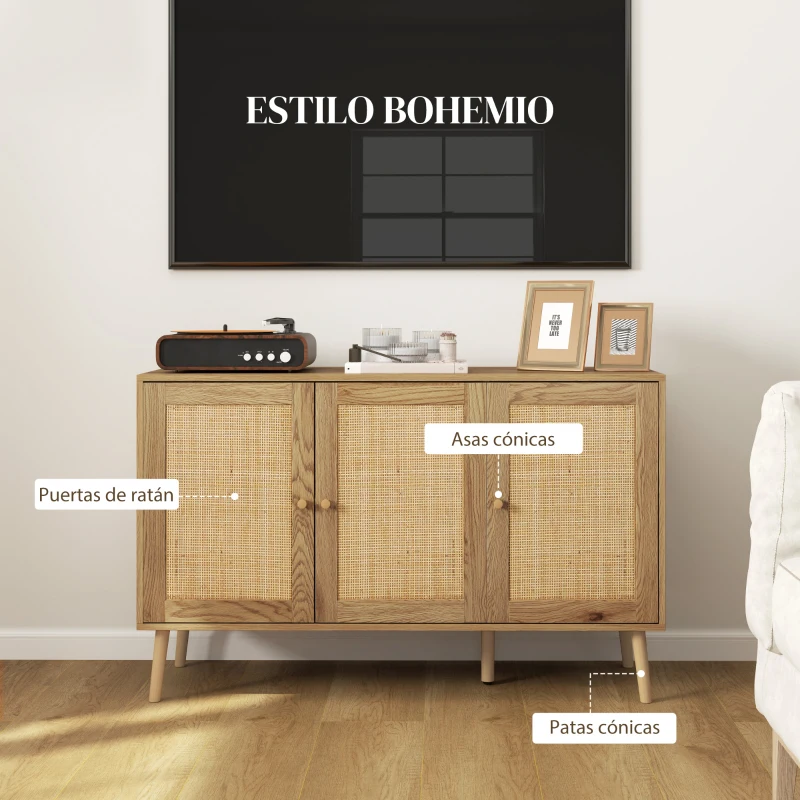 HOMCOM Aparador para Salón Bohemio con Puertas de Ratán y Estantes Ajustables 120x40x75 cm Madera Natural