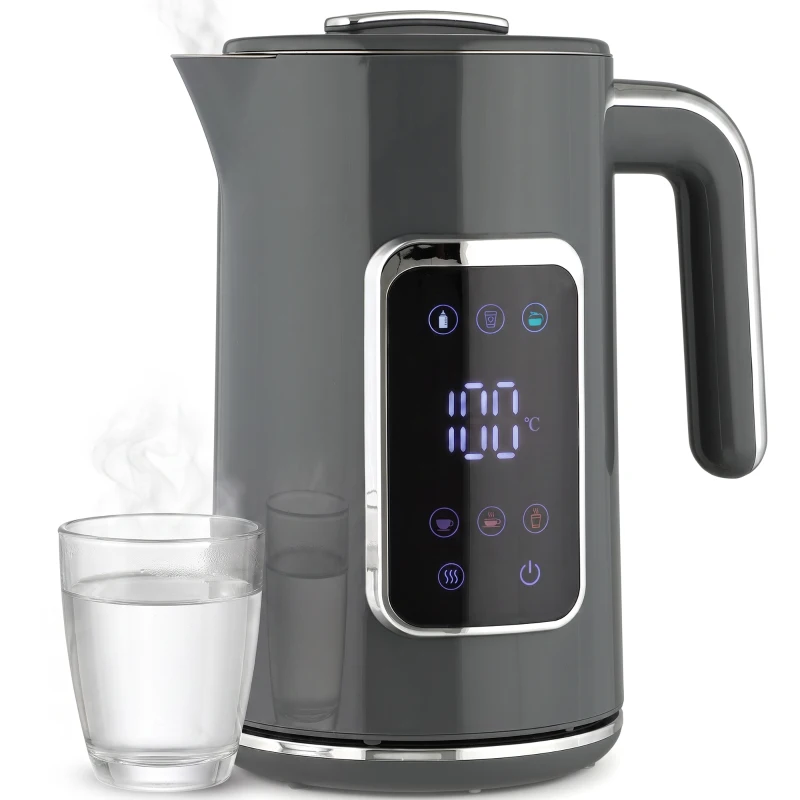 HOMCOM Electric Kettle, 1.7L Fast Boil 3000W Water Kettle with LED Display, Adjustable Temperature, Keep Warm Function, Grey