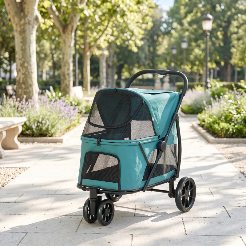 PawHut Dog Stroller, 3 Wheels Pet Stroller with Dual Entry, Easy One-Click Quick Fold, Mesh Windows, Washable Cushion
