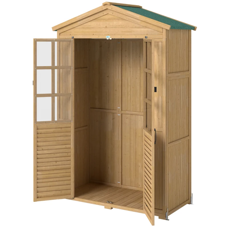 Outsunny Armadio da Giardino in Legno con Finestre Trasparenti, 128x57.5x197 cm, Marrone Chiaro
