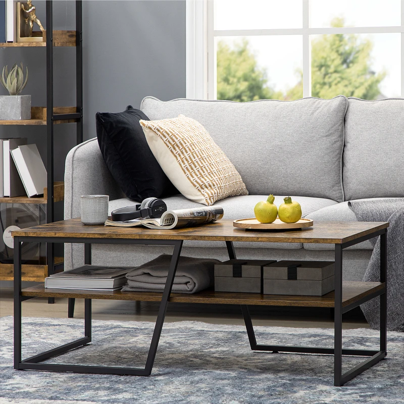 HOMCOM Table basse rectangulaire au style industriel 1 plateau et 1 étagère de rangement métal 106 x 55 x 45 cm