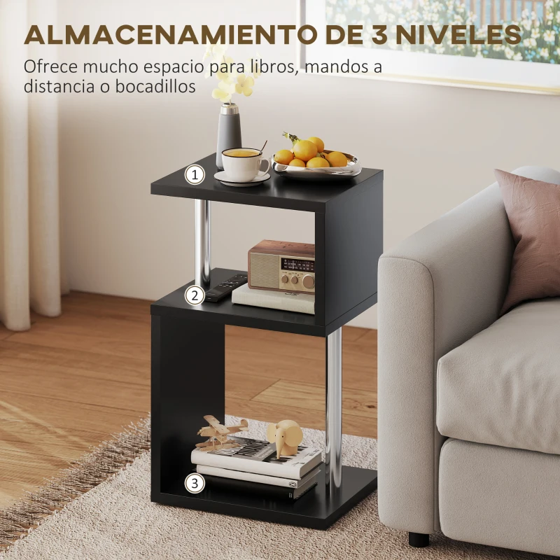HOMCOM Mesa Auxiliar con Luz LED de 3 Niveles con Estantes y Estructura de Aluminio para Salón Dormitorio 44x38x75 cm Negro