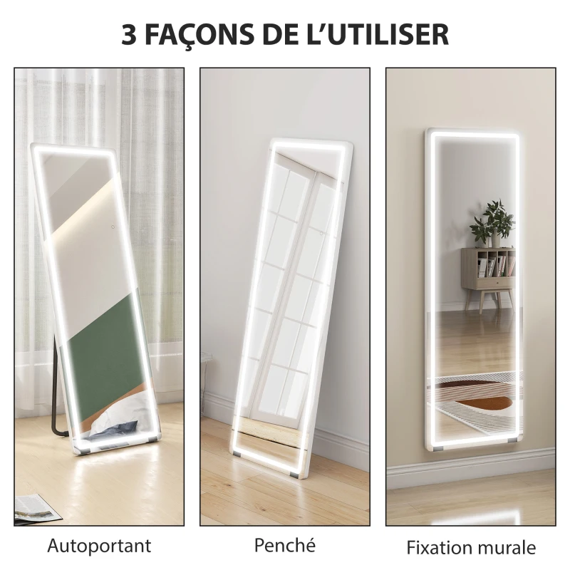 HOMCOM Miroir sur Pied avec LED 150 x 50 cm, 3 Couleurs, Dimmable, Fonction de Mémoire, Verre Trempé 4 mm, Transparent