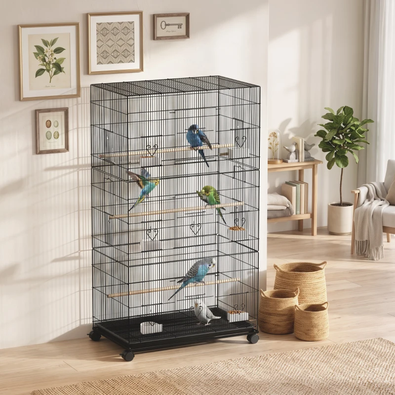 PawHut Grande Cage à Oiseaux sur Roulettes en Acier, Plateau Amovible, Portes, Perchoirs, Mangeoires, 77x46,5x141cm, Noir