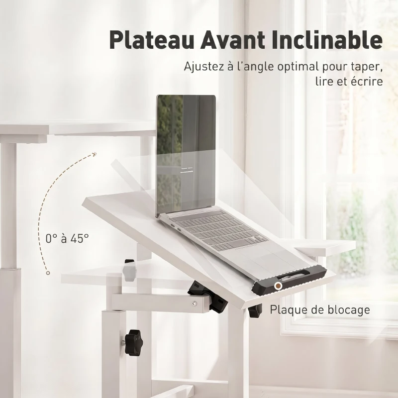 HOMCOM Bureau Assis-Debout, Bureau Réglable en Hauteur 70 x 60 cm, à Roulettes avec Plateau Inclinable, 70x60x70,5-120cm, Blanc