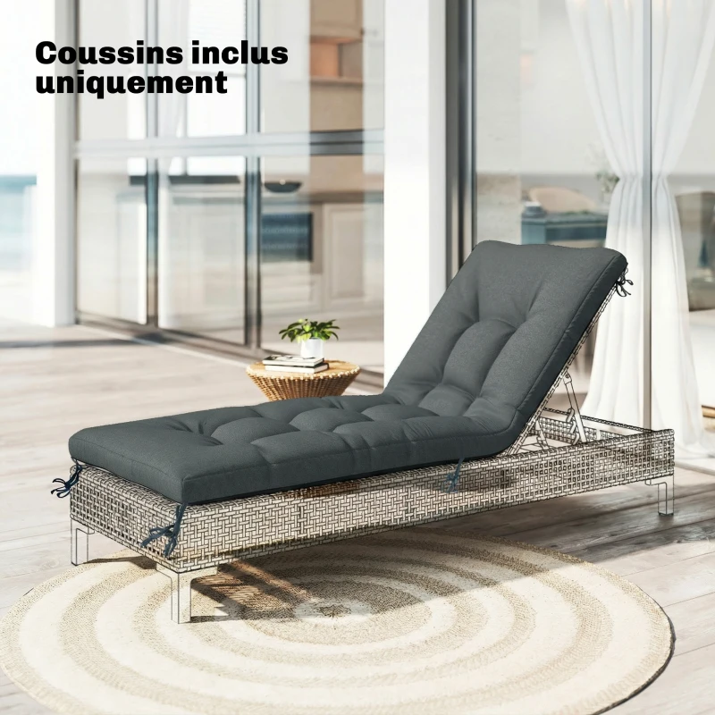 Outsunny Coussin Bain de Soleil Chaise Longue en Mousse à Mémoire avec Sangles, Protection UV50+, 198x65x13cm, Gris foncé