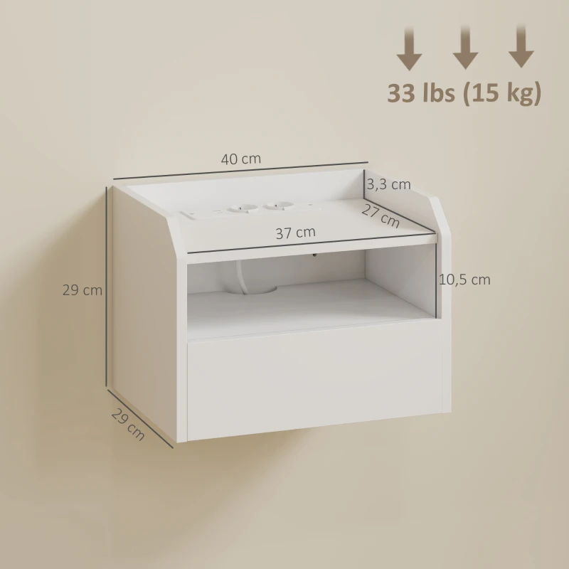 HOMCOM Juego de 2 Mesitas de Noche Flotantes con Estación de Carga Cajón Estante Abierto 40x29x29 cm Blanco