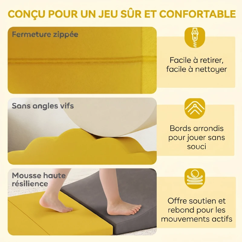 AIYAPLAY Parcours motricité bébé blocs mousse éducatifs modulables 7 pièces housse lavable en velours base antidérapante jaune