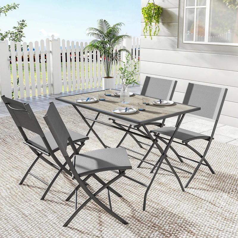 Outsunny Conjunto de Mesa y Sillas Jardín de 5 Piezas Muebles de Jardín Exterior con 4 Sillas Plegables y Mesa Plegable Gris