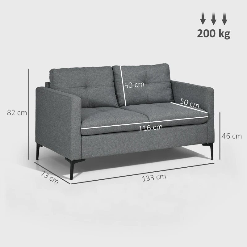 HOMCOM Canapé 2 places contemporain piètement métal noir tissu aspect lin gris foncé